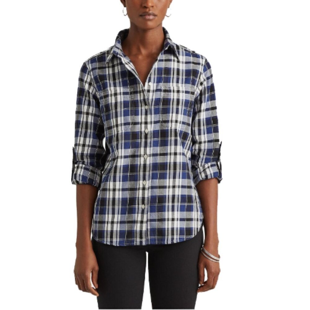 Lauren Ralph Lauren Straight Fit Cotton Button Twill Shirt Blue Plaid Size S
